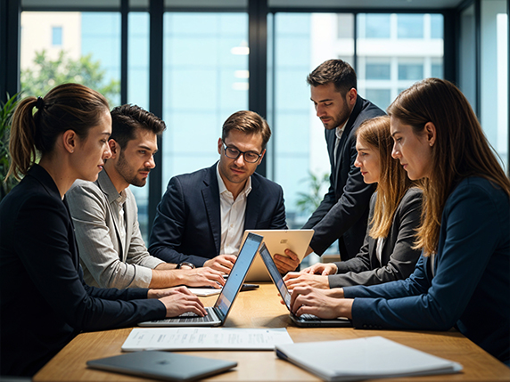 Technology professionals collaborating around a conference table